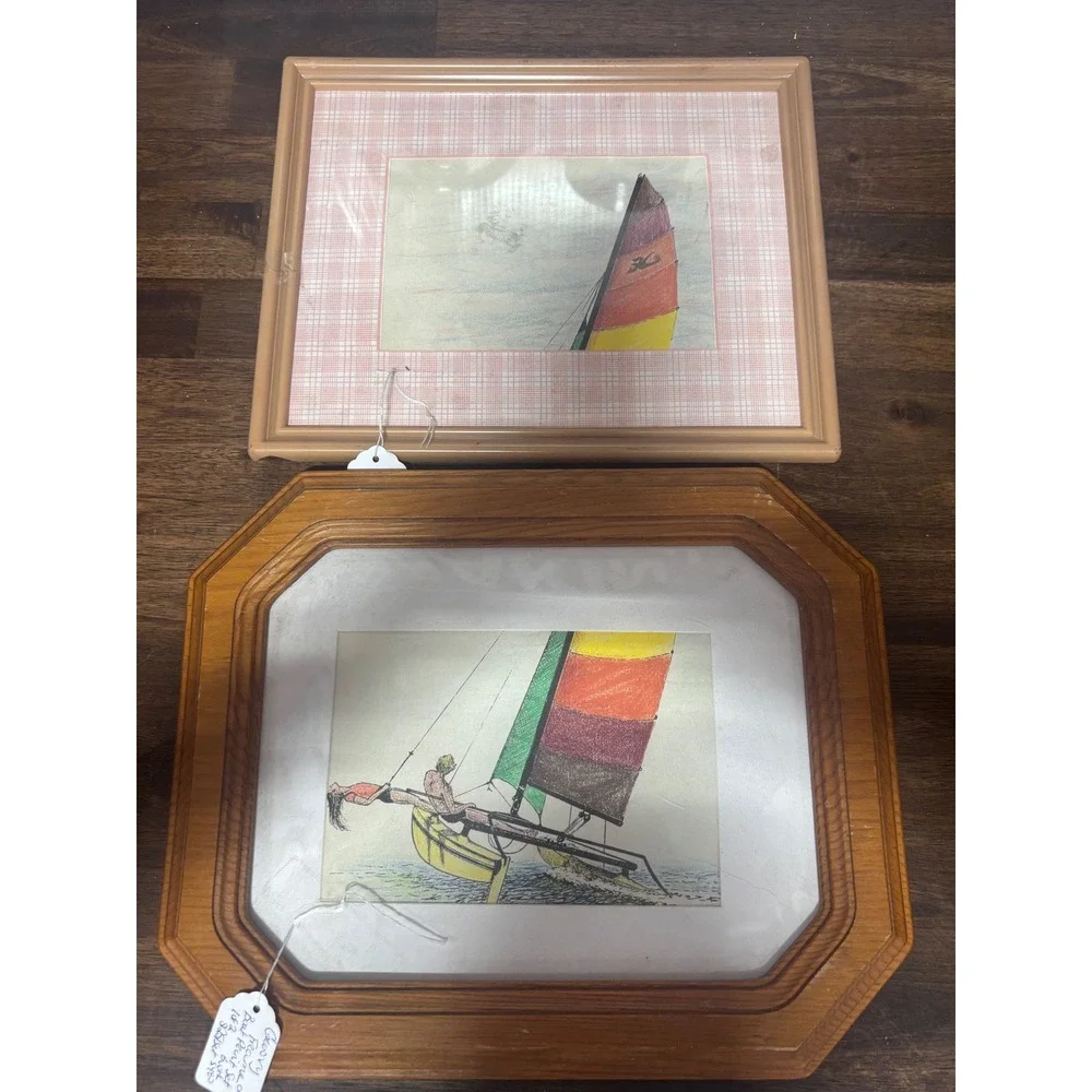 Vintage Framed Sailboat Art Set Hobie Cat Catamaran Nautical Decor 2 Pieces